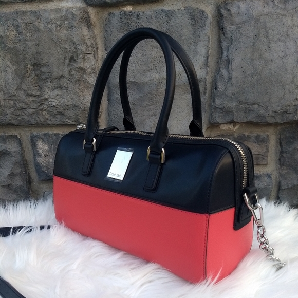 Calvin Klein Watermelon Red Black Calf Leather Tonya Satchel - Picture 5 of 16